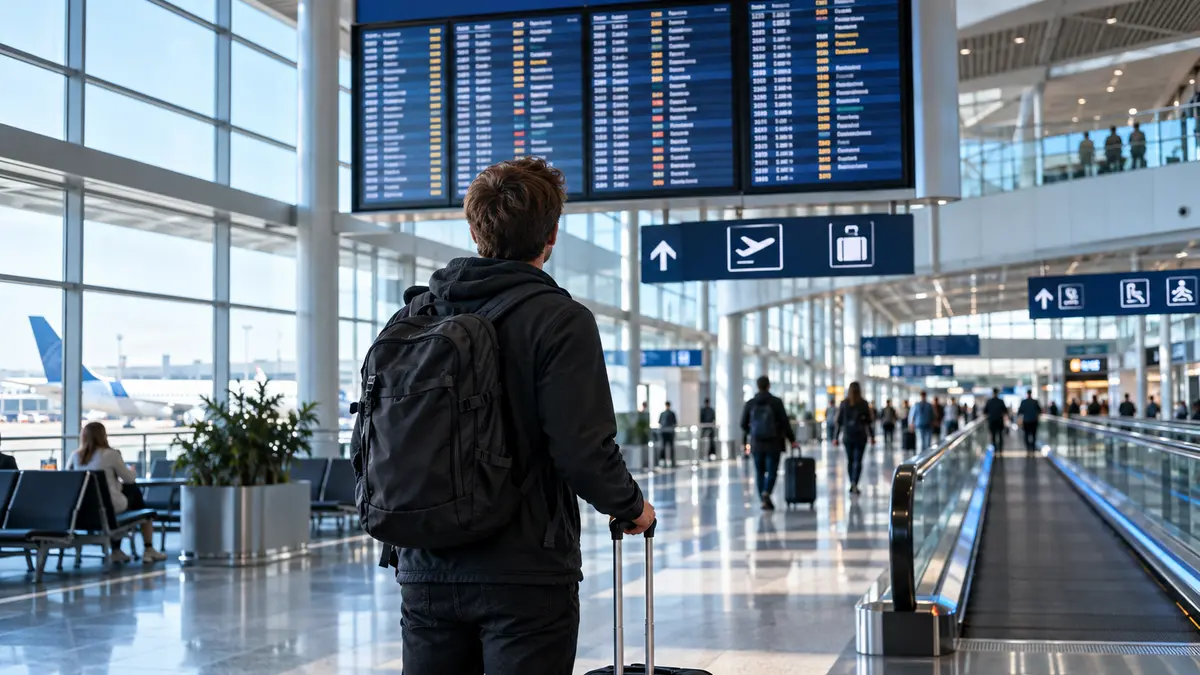 Duży terminal lotniska i tablica odlotów
